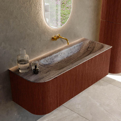 MONDIAZ KURVE-DLUX Meuble de salle de bains 125cm arrondi à gauche couleur Ruby avec 1 tiroir et 1 porte. Lavabo BIG MEDIUM à droite sans trou de robinet Oza.
