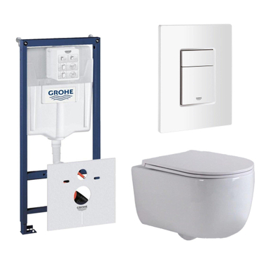 QeramiQ Dely Swirl Toiletset - 36.5x 53cm - Grohe Rapid inbouwreservoir - slim zitting - witte bedieningsplaat - rechthoekige knoppen - wit mat