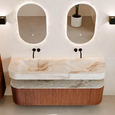 MONDIAZ THOR-DLUX 160cm meuble de salle de bains arrondi gauche + droite couleur Ruby avec 1 tiroir et 2 portes. Vasque suspendue CLOUD Double sans trou de robinet couleur Frappe.