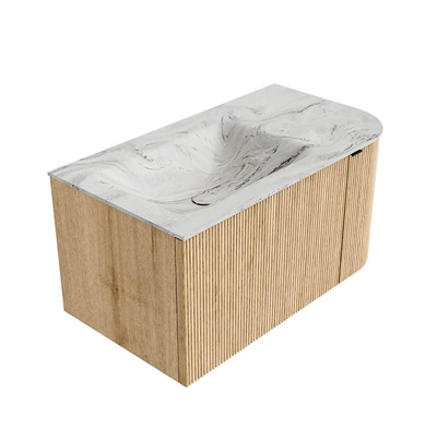 MONDIAZ KURVE-DLUX Meuble de salle de bains 85 cm avec module 25 R couleur Oak avec 1 tiroir et 1 porte. Lavabo CLOUD gauche sans trou de robinet couleur Glace.