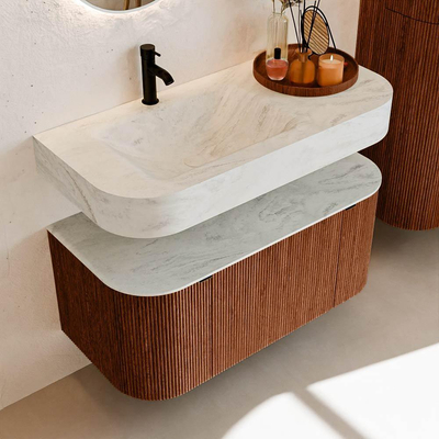 MONDIAZ THOR-DLUX 100cm meuble de salle de bains arrondi gauche + droite couleur Ruby avec 1 tiroir et 2 portes. Vasque suspendue CLOUD Gauche 1 trou de robinet couleur Opalo.