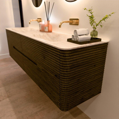 Mondiaz CIRO-DLUX Badkamermeubelset - 180x45x50cm - Solid surface wastafel Frappe - 2 wasbak Dubbel - zonder kraangaten - 4 lades - Shadow