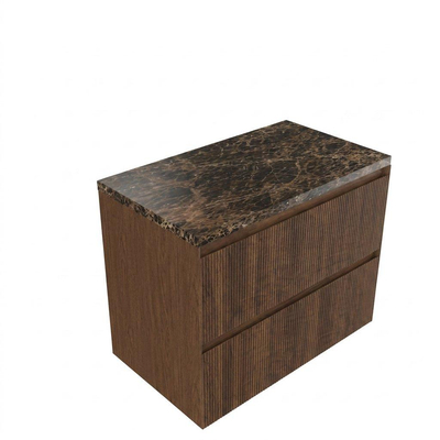 Saniclass Holz Atelier Ensemble de meubles de salle de bains - 80x45x63cm - plan en pierre naturelle Noche dark emperador - sans trou de robinet - 2 tiroirs - mat walnut pure (bois)