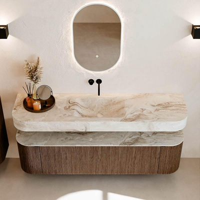 MONDIAZ THOR-DLUX Meuble de salle de bains - 170cm - arrondi gauche + droite - couleur Walnut - 1 tiroir - 2 portes - Vasque suspendue CLOUD Milieu sans trou de robinet - couleur Frappe