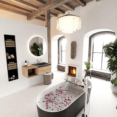 MONDIAZ BUKLA meuble de salle de bain 100cm avec module ouvert 40 couleur Chêne blanchi avec 1 tiroir. Lavabo CLOUD à droite 1 trou de robinet couleur Urbaine.