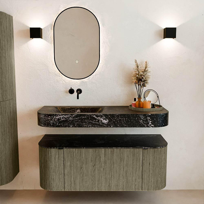 MONDIAZ THOR-DLUX 120cm meuble de salle de bains arrondi gauche + droite couleur Shadow avec 1 tiroir et 2 portes. Vasque suspendue CLOUD Gauche sans trou de robinet couleur Lava.