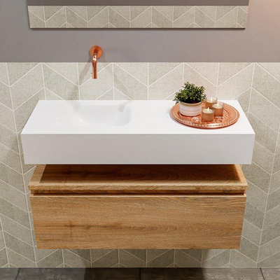 MONDIAZ ANDOR Meuble WC - 80x30x30cm - 0 trous de robinet - 1 tiroir - chêne blanchi mat - vasque à gauche - Solid surface - Blanc