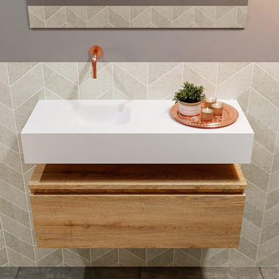 MONDIAZ ANDOR Toiletmeubel - 80x30x30cm - 0 kraangaten - 1 lades - washed oak mat - wasbak links - Solid surface - Wit
