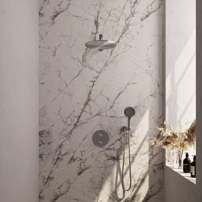 BRAUER Brushed Carving Douche de pluie encastrée thermostatique - 3 voies - ronde - set 80 - pomme de douche 30cm - bras mural droit - douchette 3 jets - flexible de douche - coude d’alimentation mural - inox brossé PVD