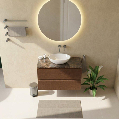 Saniclass Holz Atelier Ensemble de meubles de salle de bains - 100x45x63cm - plan de travail en pierre naturelle Noche Dark Emperador - sans trou de robinet - 2 tiroirs - noyer pur mat (bois)