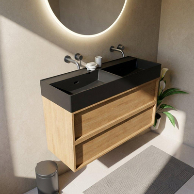 Saniclass Holz Frame Ensemble de meubles de salle de bains - 120x45x72cm - Legend lavabo en céramique noir mat - 2 vasques - sans trous de robinetterie - 2 tiroirs - chêne natural mat (bois)