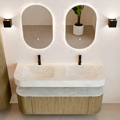 MONDIAZ THOR-DLUX 140cm meuble de salle de bains arrondi gauche + droite couleur Dusk avec 1 tiroir et 2 portes. Vasque suspendue CLOUD Double 2 trous de robinet couleur Opalo.