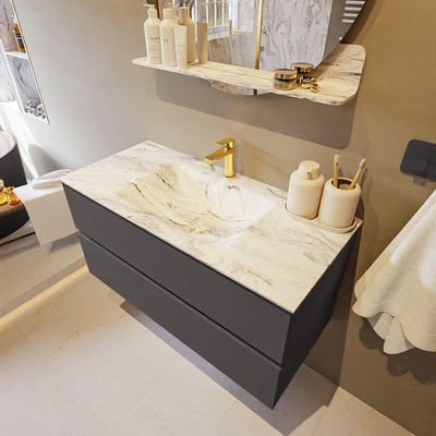 Mondiaz VICA-DLUX Ensemble de meuble de salle de bain - 100cm - meuble sous-vasque gris foncé - 2 tiroirs - lavabo encastré nuage milieu - 1 trou de robinet - version haute de 60cm - glace