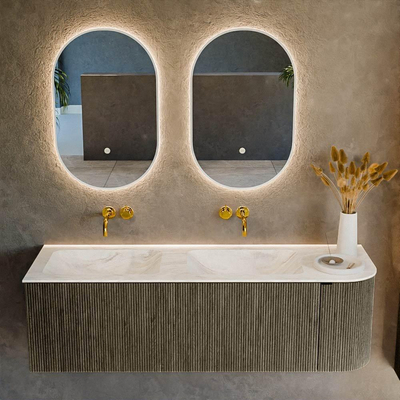 Ensemble de meuble de salle de bain Mondiaz KURVE-DLUX - 145x46x40cm - 1 tiroir - 1 porte - lavabo en solid surface - double / gauche - sans trou de robinet - Shadow