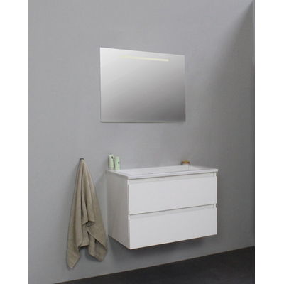 Basic Line Bella Badkamermeubelset - 80x55x46cm - 1 wasbak - Acryl - Wit - 0 kraangaten - Wandspiegel met verlichting - Melamine Wit hoogglans