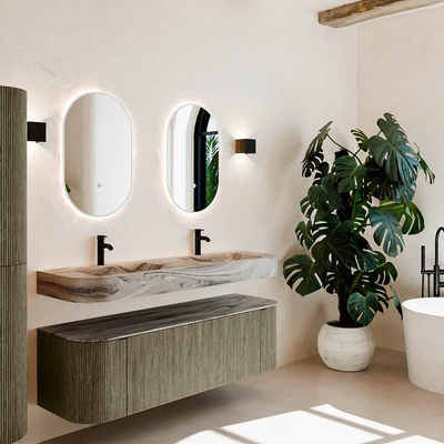 MONDIAZ THOR-DLUX 150cm meuble de salle de bains arrondi gauche + droite couleur Shadow avec 1 tiroir et 2 portes. Vasque suspendue CLOUD Double 2 trous de robinet couleur Sombra.