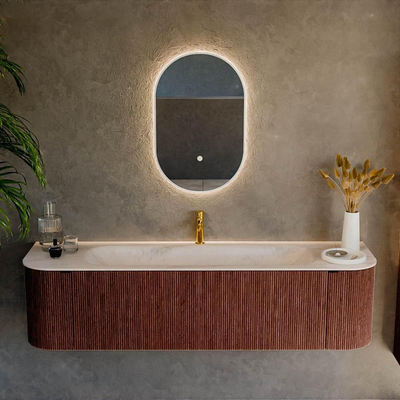 MONDIAZ KURVE-DLUX Meuble de salle de bains 170cm arrondi Gauche + Droite couleur Ruby avec 1 tiroir et 2 portes. Lavabo BIG LARGE Central 1 trou de robinet Meli.