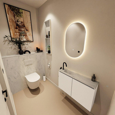 MONDIAZ TURE-DLUX Meuble toilette - 80cm - Talc - EDEN - vasque Opalo - position gauche - 1 trou de robinet