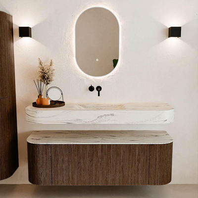 MONDIAZ THOR-DLUX 140cm badmeubel ronding links + rechts kleur Walnut met 1 lade en 2 deuren. Vrijhangende wastafel CLOUD Midden zonder kraangat kleur Nata.