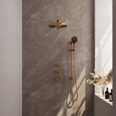 Brauer Copper Edition Ensemble de douche pluie encastré - douche principale 30cm - 3 boutons lisses - bras mural droit - glissière - douchette ronde 3 positions - PVD - cuivre brossé