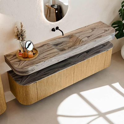 MONDIAZ THOR-DLUX Meuble de salle de bains - 190cm - arrondi gauche + droite - couleur Oak - 2 tiroirs et 2 portes - Vasque suspendue CLOUD Milieu sans trou de robinet - couleur Sombra