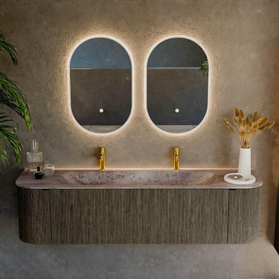 MONDIAZ KURVE-DLUX 170cm meuble de salle de bains arrondi Gauche + Droite couleur Shadow avec 1 tiroir et 2 portes. Lavabo BIG LARGE Central 2 trous de robinet Oza.