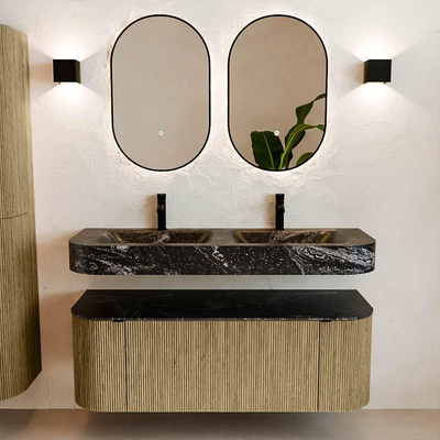 MONDIAZ THOR-DLUX 130cm badmeubel ronding links + rechts kleur Dusk met 1 lade en 2 deuren. Vrijhangende wastafel CLOUD Dubbel 2 kraangaten kleur Lava.