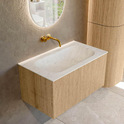 MONDIAZ KURVE-DLUX 80cm Meuble salle de bain - couleur Oak - 1 tiroir - vasque BIG SMALL centre - sans trou de robinet - couleur Opalo