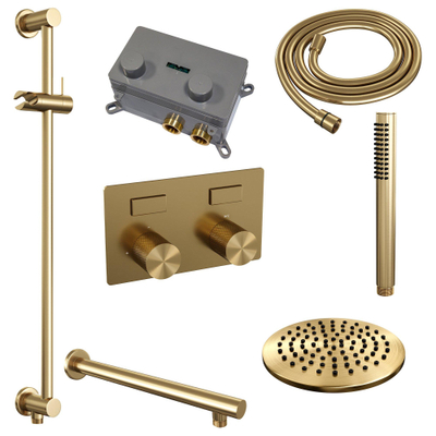 BRAUER Gold Carving Douche de tête thermostatique encastrée - douche de pluie - boutons-poussoirs - SET 61 - douche de tête 20cm - bras mural droit - douchette barre - flexible de douche - barre de douche intégrée - or brossé PVD
