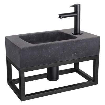 Differnz Bombai fonteinset - 40x22x9cm - Rechthoek - 1 kraangat - Recht matte zwarte kraan - met zwart frame - Natuursteen Zwart