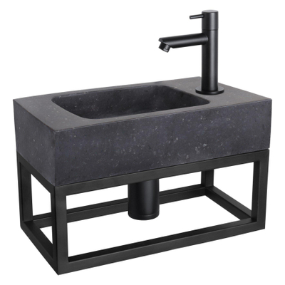 Differnz Force fonteinset - 40x22x9cm - Rechthoek - 1 kraangat - Recht matte zwarte kraan - met zwart frame - Natuursteen Zwart SHOWROOMMODEL