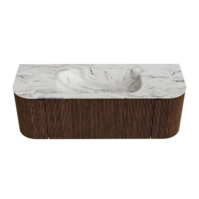MONDIAZ KURVE-DLUX meuble de salle de bains 130 cm avec module 25 Len R couleur Walnut avec 1 tiroir et 2 portes. Lavabo BIG SMALL central 1 trou de robinet couleur Glace.