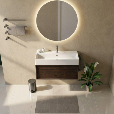 Saniclass Holz Frame Ensemble meuble de salle de bains - 100x45x52cm - Legend lavabo en céramique blanc - 1 vasque - 1 trou de robinetterie - 1 tiroir - chêne charcoal mat (bois)