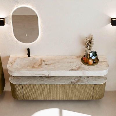 MONDIAZ THOR-DLUX 180cm meuble de salle de bains arrondi gauche + droite couleur Dusk avec 2 tiroirs et 2 portes. Vasque suspendue CLOUD Gauche 1 trou de robinet couleur Frappe.