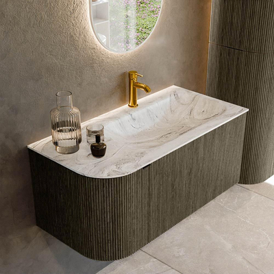 Mondiaz KURVE-DLUX Ensemble de meuble de salle de bains - 95x46x40cm - 1 tiroir - 1 porte - lavabo solid surface - droit - 1 trou de robinet - Shadow