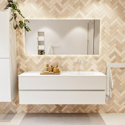 MONDIAZ VICA meuble sous lavabo 150cm Talc 2 tiroirs. Lavabo MOON à droite sans trou de robinet, couleur Talc.