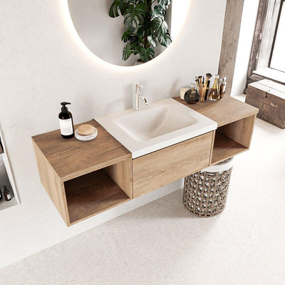 MONDIAZ BUKLA Meuble de salle de bains 140 cm avec module ouvert 40 G+D couleur Washed Oak avec 2 tiroirs. Lavabo CLOUD central 1 trou de robinet couleur Talc.