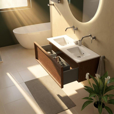 Saniclass Holz Frame Ensemble meuble de salle de bains - 120x45x42cm - Lavabo Vygo en céramique blanc - 2 vasques - sans trous de robinetterie - 1 tiroir - walnut pure mat (bois)