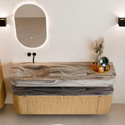 MONDIAZ THOR-DLUX 160cm badmeubel ronding links + rechts kleur Oak met 1 lade en 2 deuren. Vrijhangende wastafel CLOUD Links zonder kraangat kleur Sombra.