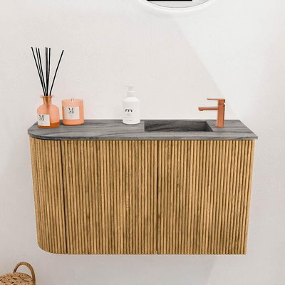 Mondiaz JOYA-DLUX 71.6cm meuble de toilette - arrondi gauche couleur Chêne - Vasque FAYE position Droite 1 trou de robinet couleur Sombra.