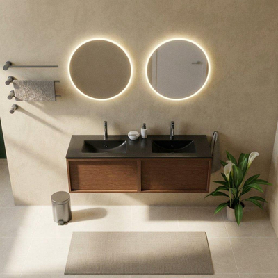 Saniclass Holz Frame Ensemble meuble de salle de bains - 140x45x42cm - lavabo Vygo en céramique noir - 2 vasques - 2 trous de robinetterie - 2 tiroirs - mat walnut pure (bois)