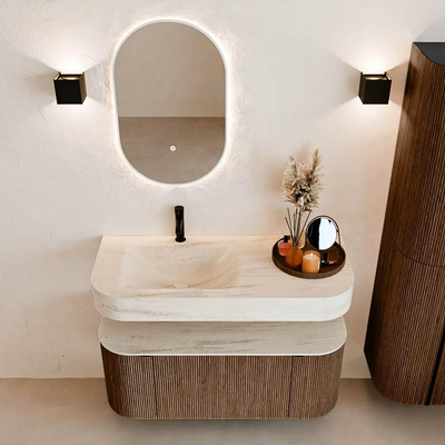 MONDIAZ THOR-DLUX 110cm meuble de salle de bains arrondi gauche + droite couleur Walnut avec 1 tiroir et 2 portes. Vasque suspendue CLOUD gauche 1 trou de robinet couleur Meli.