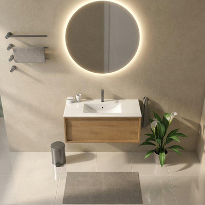 Saniclass Holz Frame Ensemble meuble de salle de bains - 100x45x42cm - Vasque en céramique Vygo blanche - 1 vasque - 1 trou de robinet - 1 tiroir - chêne natural mat (bois)