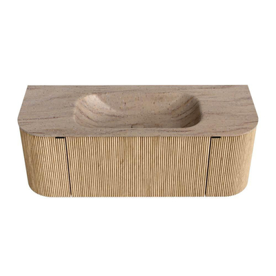 MONDIAZ KURVE-DLUX 120cm badmeubel ronding Links + Rechts kleur Oak met 1 lade en 2 deuren. Wastafel BIG SMALL Midden zonder kraangat Saba.