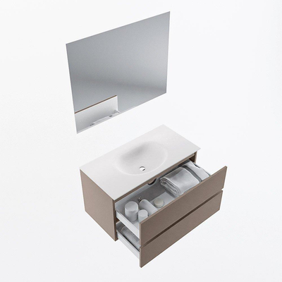 Mondiaz VICA ensemble de meuble de salle de bain - 90cm - meuble sous-vasque fumée - 2 tiroirs - lavabo lune milieu - sans trous de robinet - couleur talc - miroir LED - version XL 60cm haut