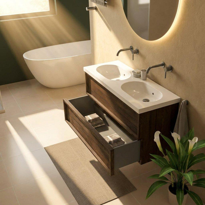 Saniclass Holz Frame Ensemble meuble de salle de bains - 120x45x63.5cm - lavabo en céramique Palermo blanc - 2 vasques - sans trous de robinetterie - 2 tiroirs - chêne charcoal mat (bois)