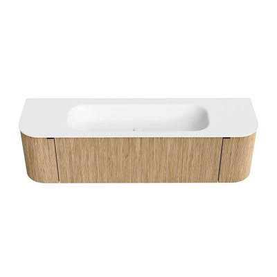 MONDIAZ KURVE Meuble de salle de bains 160 cm avec module 25 Len R couleur Oak avec 1 tiroir et 2 portes. Vasque BIG MEDIUM centrale sans trou de robinet Talc.