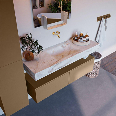 Mondiaz ALAN-DLUX Ensemble de meuble - 130cm - meuble Oro mat - 2 tiroirs - Lavabo Cloud Frappe suspendu - vasque Centre - 0 trous de robinet