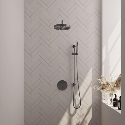 BRAUER Stripe Thermostatische Inbouw Regendouche - 3-weg - rond - 25cm douchekop - gebogen muurarm - staaf handdouche - doucheslang - geïntegreerde glijstang - gunmetal geborsteld PVD