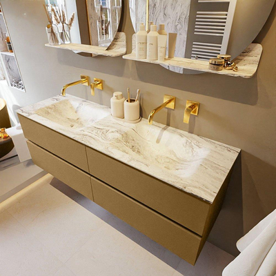 Mondiaz VICA-DLUX ensemble de meuble de salle de bain - 150cm - meuble sous-vasque oro - 4 tiroirs - lavabo encastrée cloud double - sans trous de robinet - version haute de 60cm - glace